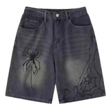 Spider Print Wash White Retro Denim Shorts