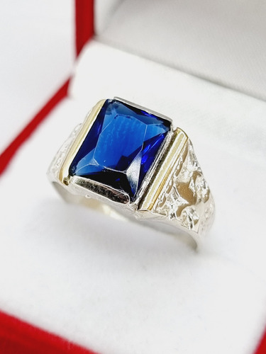 Anillo Sello Flor De Lis Plata 925 Y Oro Piedra Azul 