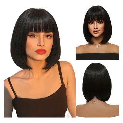 Cabello Negro Corto De 14 Pulgadas Con Un.corte Bob Liso A