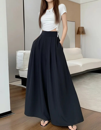 Pantalón Falda Elegante De Pierna Ancha Y Talle Alto