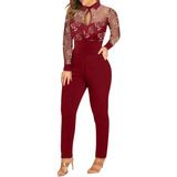 R Jumpsuit Mujer Estampado De Flores Malla Manga Larga Stitc