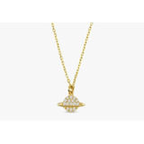 Colar Ouro Feminino Luxo Pingente Saturno Brilhante Diamante