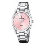 Reloj Festina F20622.2 Para Mujer Analogico Cuarzo Malla Plateado Bisel Plateado Fondo Rosa