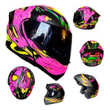 Casco Moto Negro Rosa Neon Kov Zombie Abatible Certificado