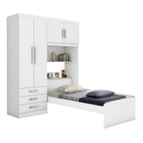 Base Cama Baú Branco Solteiro Com Guarda Roupa Aclopado