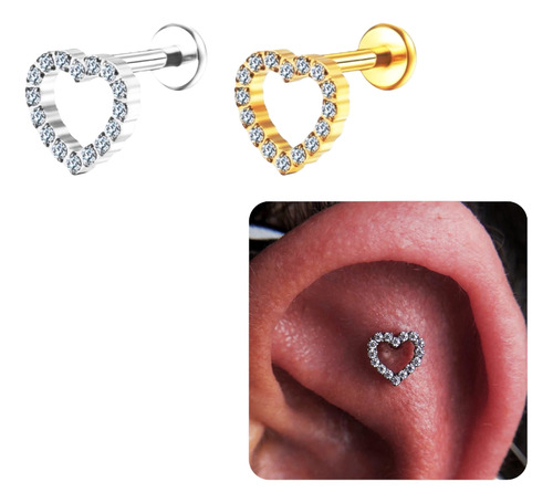 Piercing Orelha Titânio Coração Cravejado Reto Labret 