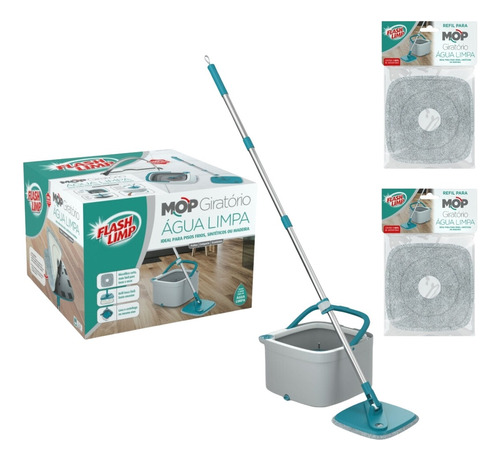 Kit Mop Giratório 360 Água Limpa Flash Limp + 2 Refil Extra