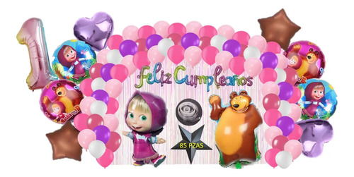 Kit Decoración Fiesta Cumpleaños Globos Masha Y El Oso 85pzs