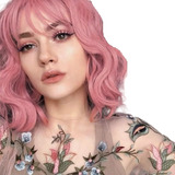 Wig Aparência Cabelo Natural Rosa Claro Curta Ondulada Linda