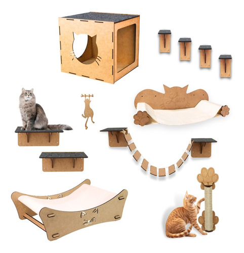 Kit Playground 11 Pçs P/ Gato Prateleira Rede Cama Em Mdf