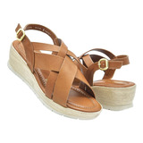 Sandalia Dama Green 93051 Camel Moda Casual Cuña 22 Al 26