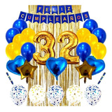Kit Decoración Feliz Cumpleaños Bombas Dorado Y Azul+cortina