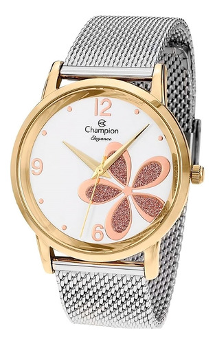 Relógio Champion Feminino Misto Dourado Prata Flor Cn24315h