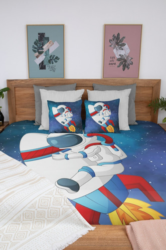 Jogo De Cama Infantil Azul Astronauta Foguete Menina Menino