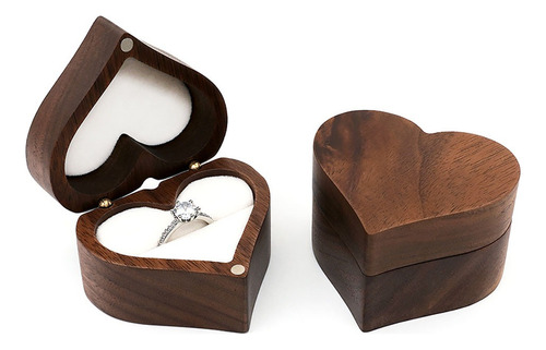 Caja Corazón De Madera Nogal Para Anillos De Boda Compromiso