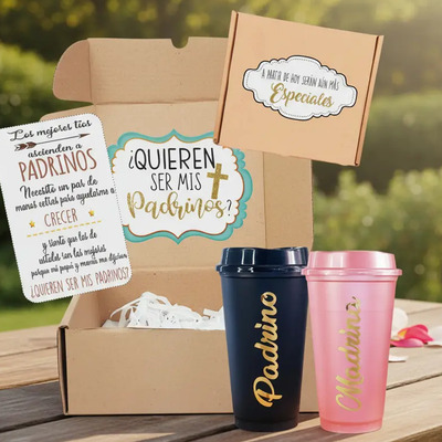 Estuche Quieren Ser Mis Padrinos? Vasos Tapa 16 Oza Recuerdo | Envío gratis