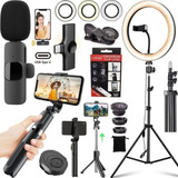 Kit Gravação Ring Light Com Tripé Microfone Sem Fio Filmagem