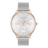 Reloj Calvin Klein Timeless Multifunción P/mujer 25200106 Malla Plateado Bisel Dorado