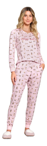 Pijama Feminino Manga Longa Algodão Com Punhos Cachorro