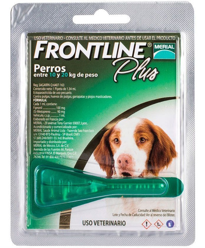 Frontline Plus Perro 10 A 20kg - Pipeta Anti Pulgas Y Piojos