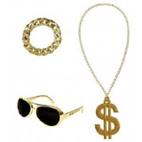 Kit Fantasia Hip Hop Oculos Cifrao Corrente Ouro Falso