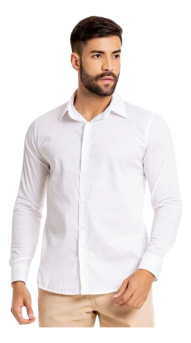 Camisa Branca Manga Longa Social Ano Novo Slim Lisa Festa