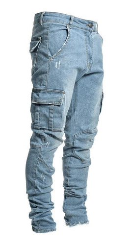 Jeans Flexibles De Bolsillo Múltiple De Moda Masculina