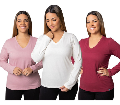 Kit 3 Camisetas Blusinha Tshirt Feminina Manga Longa Gola V
