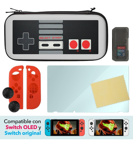 Switch | Funda + Cristal O Mica + Silicón Joycon + Cartuchera + Thumbs | Paquete Estuche | Para Switch «normal», No Lite