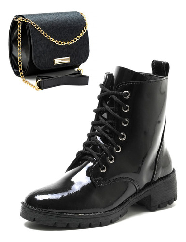 Bota Coturno Feminina Cano Curto Zíper Casual  Black C/bolsa