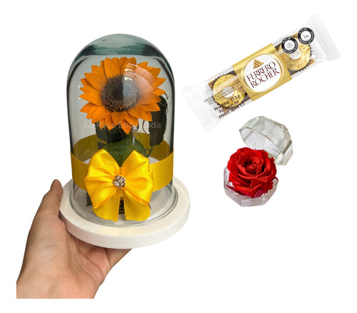 Girasol Preservado Mini Alto 15cm + Ferrero + Mini Cofre