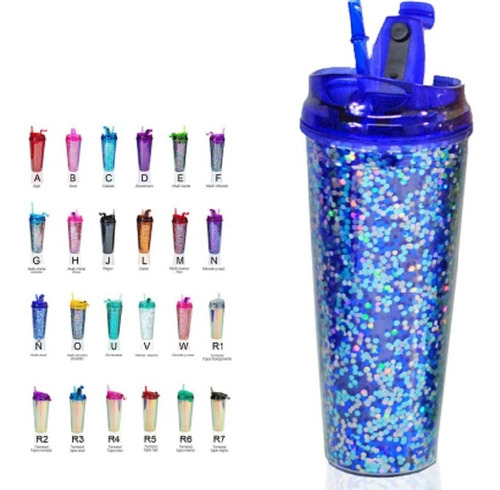 Lote 2 Vaso Glitter Termo Acrilico Antiderrame Con Popote