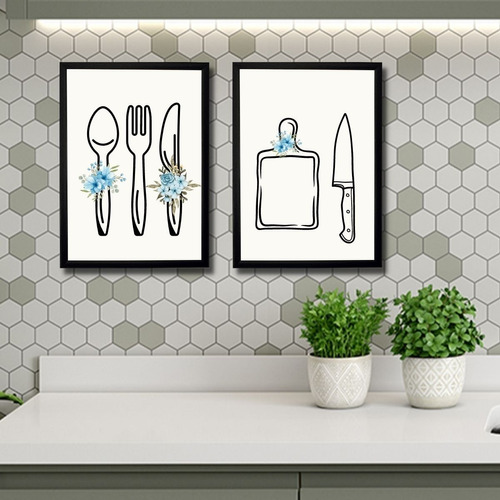 Jogo De Quadros Decorativo Pra Cozinha Moldura/vidro 20x30