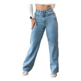 Calça Feminina Jeans Wide Leg Casual Clássica Algodão Luxo
