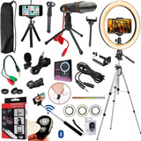 Kit Youtuber Lapela Microfone Mesa Celular Tripé 1,30m + Luz