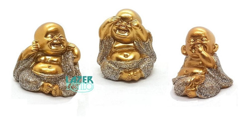 Trio Buda Tailandês Hindu Cego Surdo Mudo -dourado E Preto