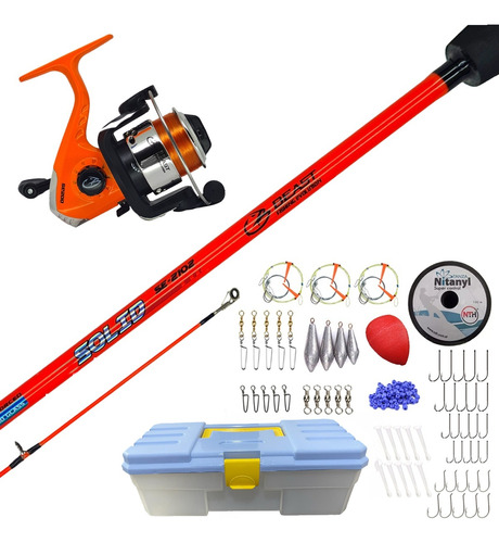 Kit Pesca Caña Maciza 2.10 Reel Frontal 3 Rulemanes Caja Rio