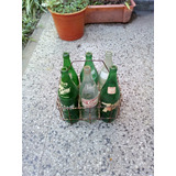 6 Botellas Antiguas Con Canasto De Alambre