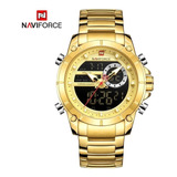 Relógio De Pulso Naviforce Nf9163 Com Corpo Dourado,  Analógico-digital, Para Masculino, Fundo  Preto, Com Correia De Aço Inoxidável Cor Dourado, Agulhas Cor Dourado, Branco E Vermelho, Subdials De Co