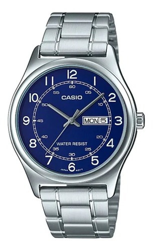 Reloj Casio Mtp-v006d-2b, Acero Doble Fechador,caratula Azul Color De La Correa Plateado Color Del Bisel Plateado