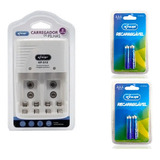 Kit 4 Pilhas Aaa Recarregaveis + Carregador Aa Aaa 9v Bivolt