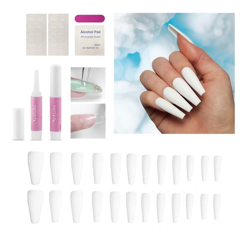 24 Pcs Uñas Manicura Postiza Adherible Larga Francesa Blanca