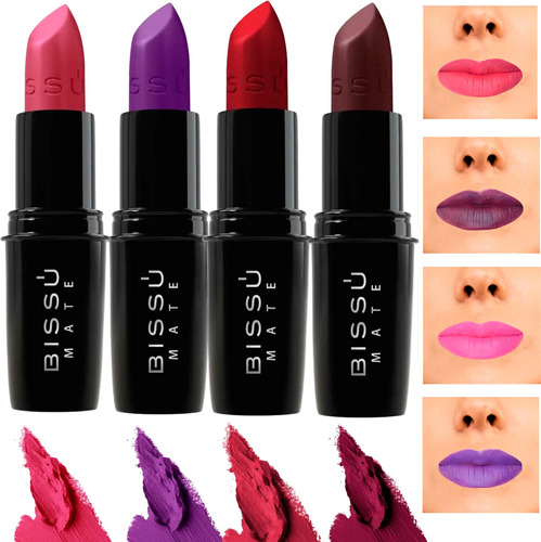 Kit Set 12 Labiales Mate Bissu Tonos Morados Rojos