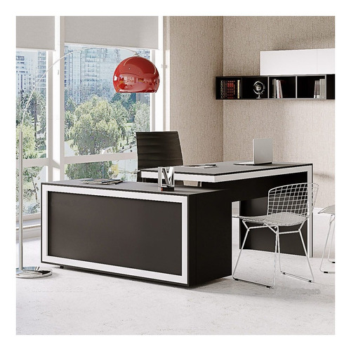 Escritorio Ciudad Muebles  De Trabajo L Gerencial Con Archivero Superpuesto Melamina, Pvc De 146cm X 78cm X 70cm X 172cm Blanco Y Negro 