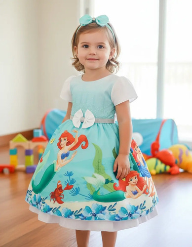 Vestido Infantil Fantasia Sereia Ariel Fundo Do Mar + Tiara