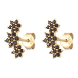 Aretes De Plata 925 Oro 18k Flores Negras Zirconias Mujer