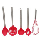 Colher Concha Escumadeira Pegador Fouet Kit 5 Peças Silicone Cor Vermelho