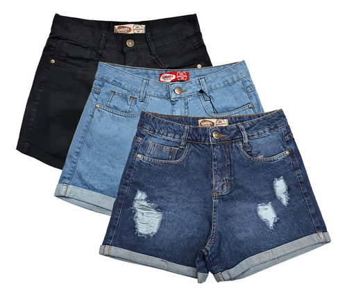 Kit Com 3 Shorts Jeans Femininos Cintura Alta Bamborra