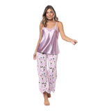 Pijama Mujer Musculosa Satén Con Encaje Y Pantalón Floreado