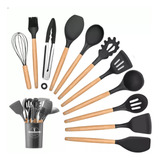 Kit 12 Utensílios Cozinha Silicone Cabo Madeira Arroz Colher